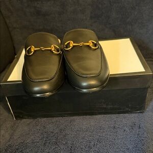 Black Leather gold horsebit Mules